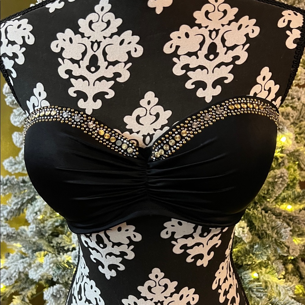 Victoria's Secret Black Strapless Bikini Top with Gold Accents 36D
